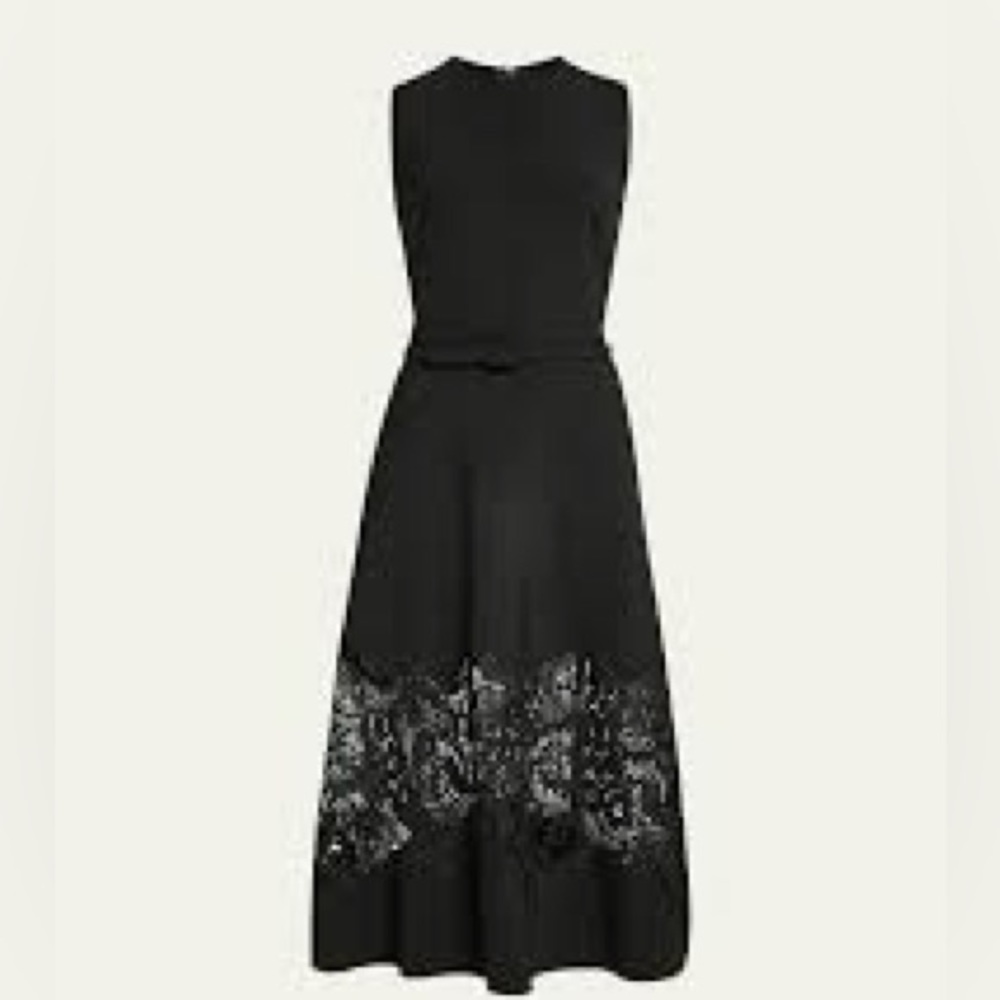NWT $3790 Oscar de la Renta Belted Midi Dress with Lace Inset Size 8